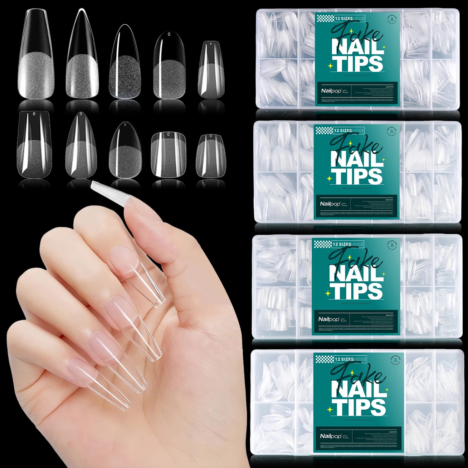 Nailpop False Nails 10 12 Sizes Full Cover Tips Clear Durable Qme