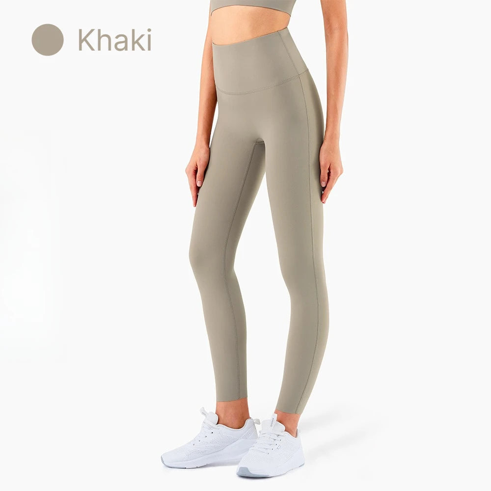 A Solid color yoga high waisted legs women's sports pants, hip lifting sports pants, fitness gym comprehensive training, jogging Qme khaki S