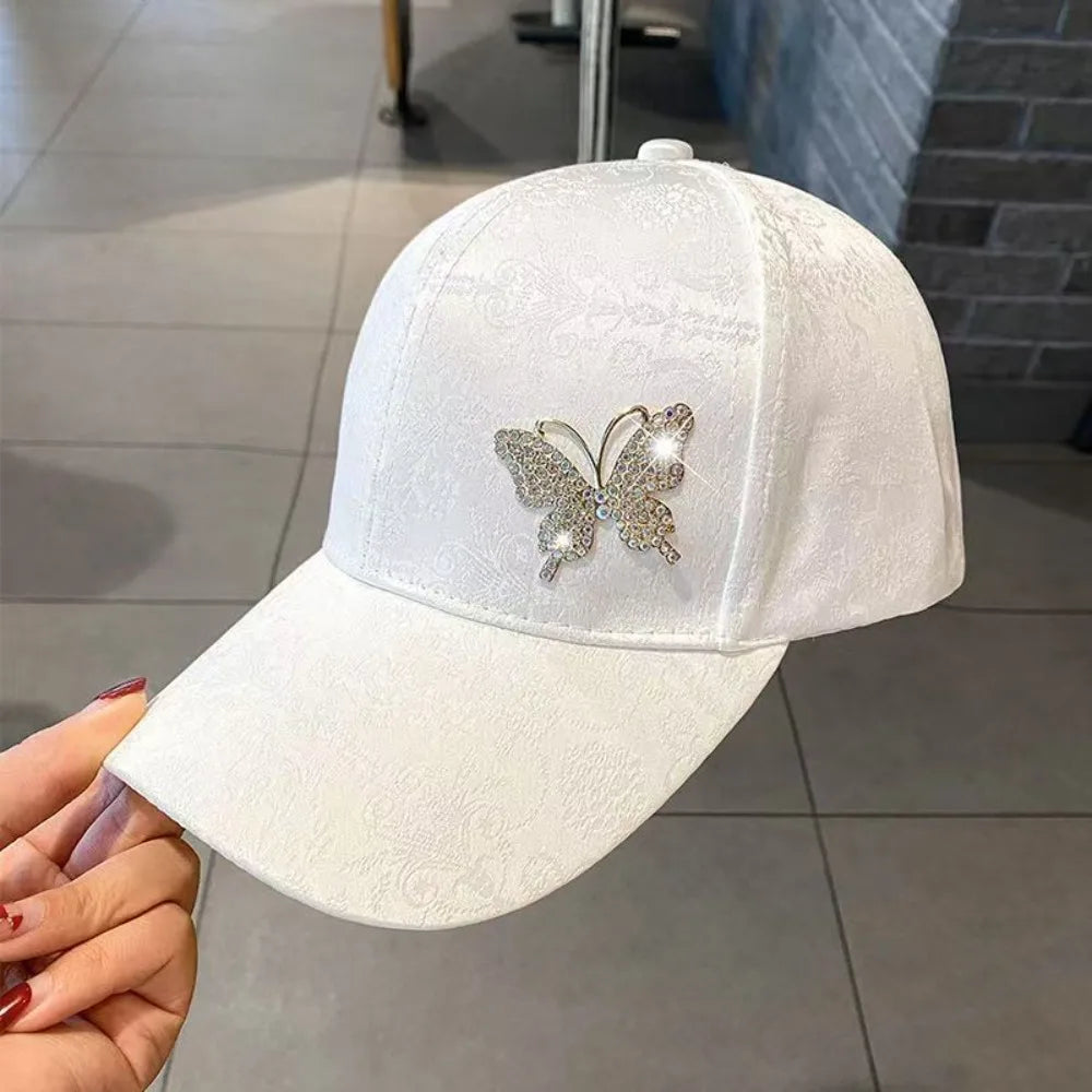 Solid Color Rhinestone Baseball Hat Sun Protection Breathable Sunscreen Peaked Cap Adjustable Korean Style Women Sun Cap Women Qme White