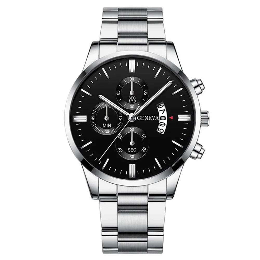 Classic Silver Tone Male Accessory Kit, Analog Chronograph Steel Band Watch with Thick Cuban Link Bracelet Cross Pendant Necklac Qme