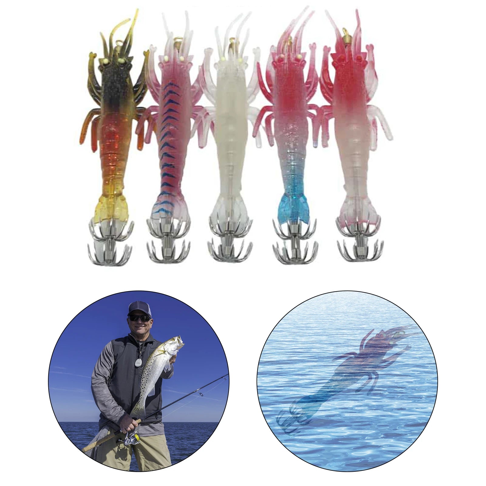 Soft Bait for Night Fishing Luminous Shrimp Squid Jig Hooks PVC Shrimp Squid Bait Cuttlefish Octopus Fishing Lures 5pcs/set Qme