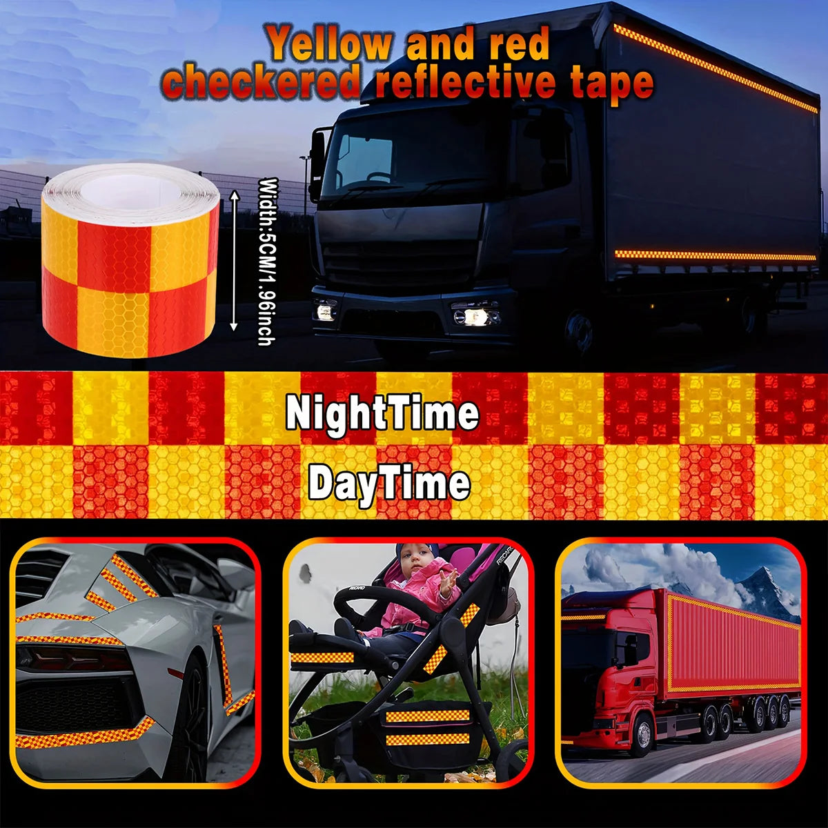  Reflective Sticker Car Safety Warning Tape for Bicycle Scooter Truck - Decorative Warning Marking Tools Qme Yellow and red 3m 5cm