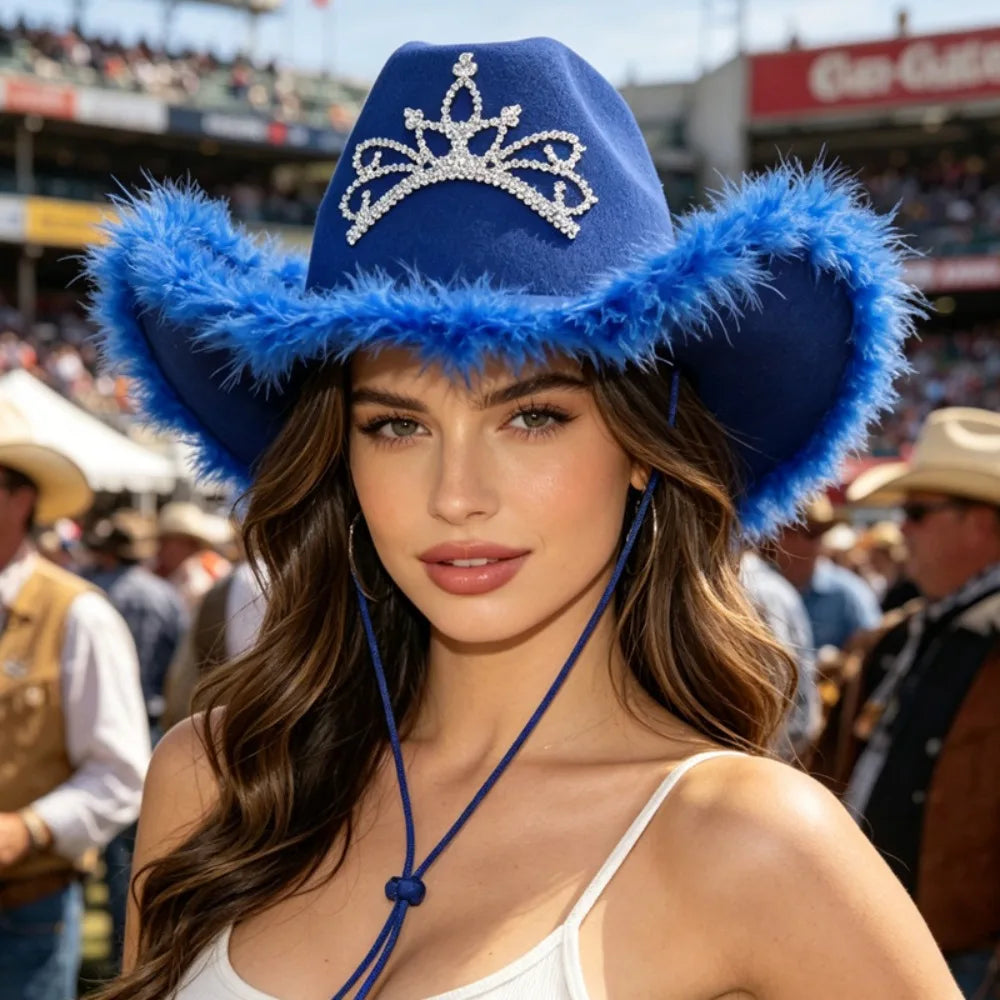 Wide Curved Brim Rhinestone Tiara Cowgirl Hat Western Shape Retention Qme Style F