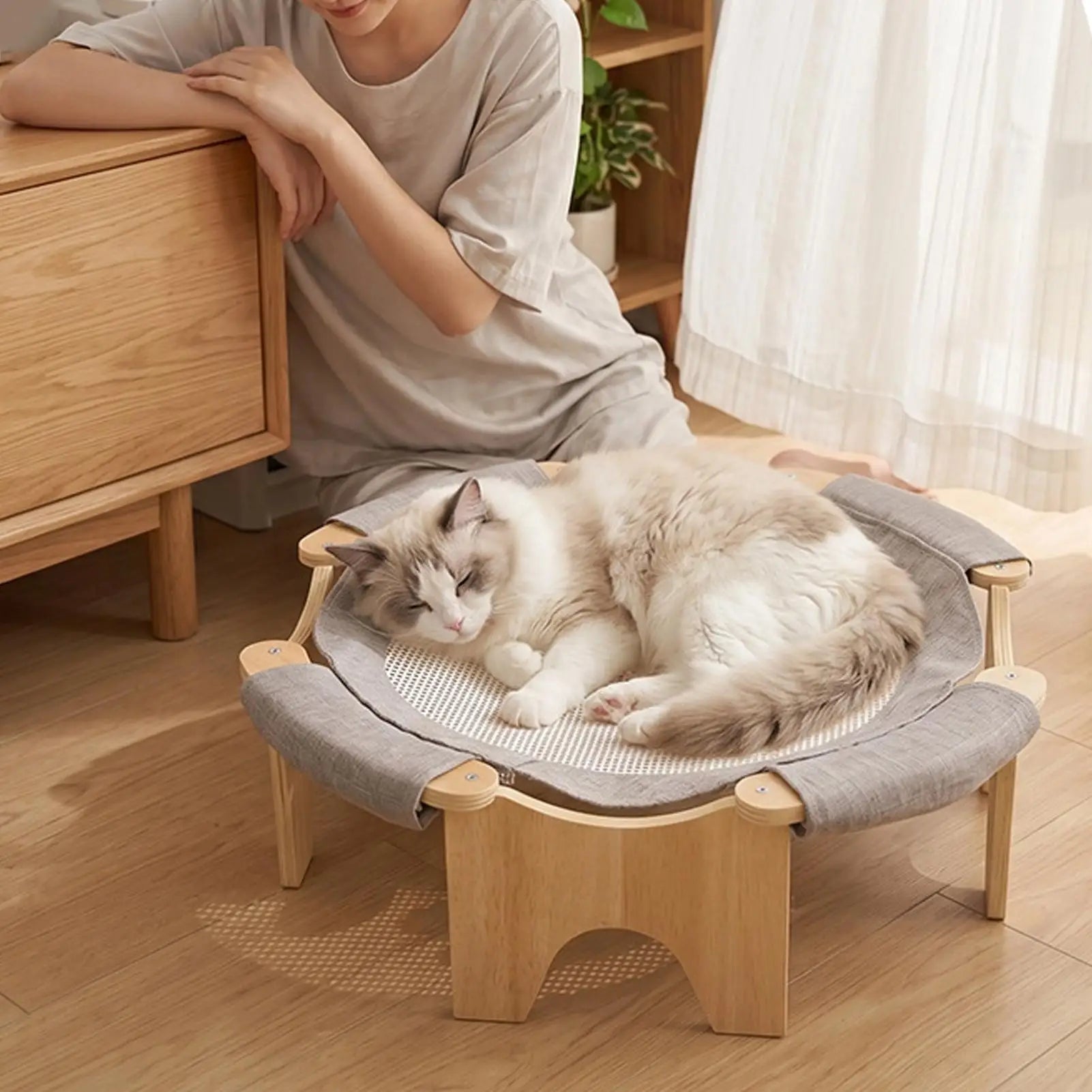 Elevated Cat Bed Wooden Stand Cooling Damp-Proof Indoor Pet Supplies Cat Hammock Stand Sleeping Bed For Small Medium Kitten Qme