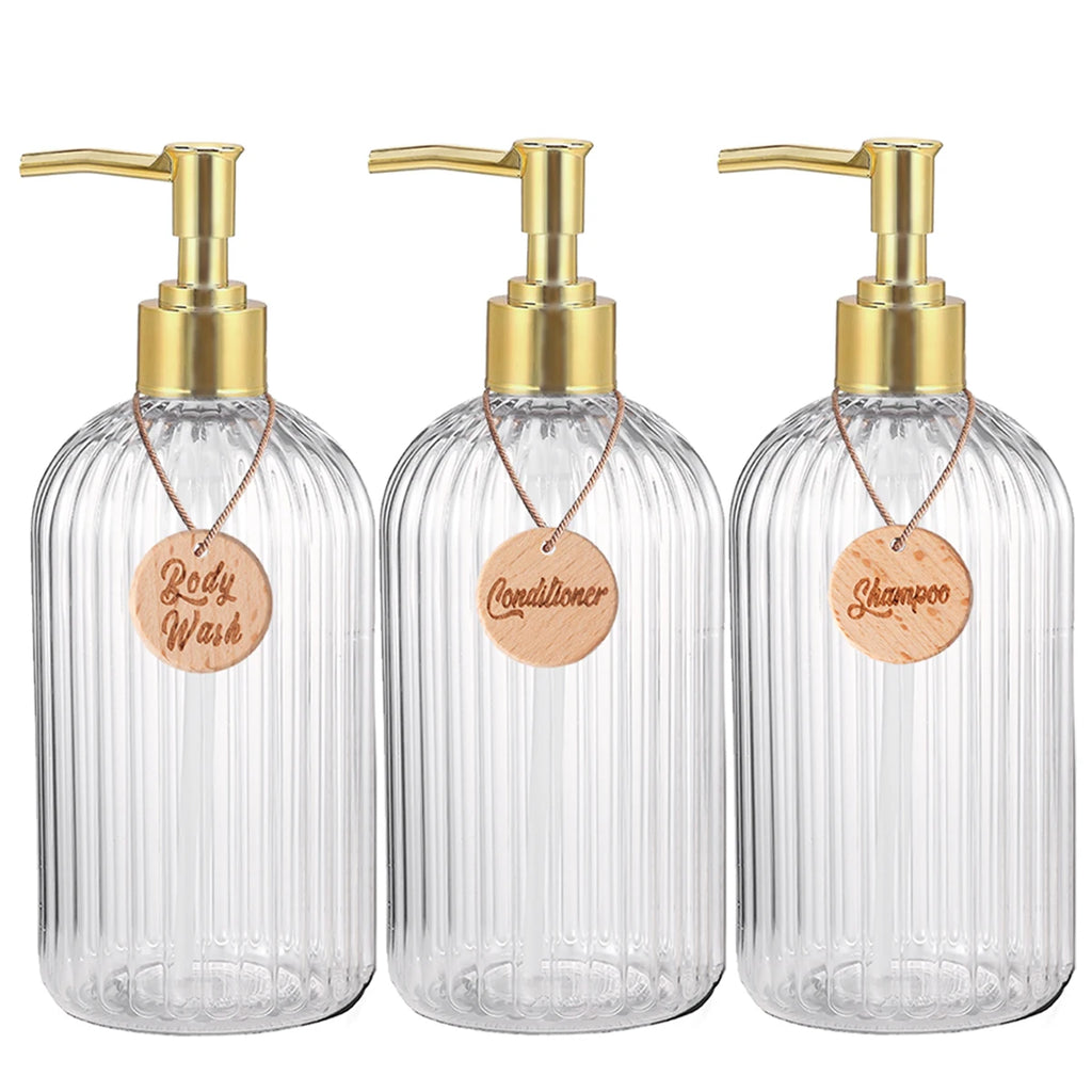 Set of 3 Refillable Shampoo and Conditioner Bottles, 16.9oz/500ml Elegant Guest Room Decoration Shampoo Dispenser with Gold Pump Qme set of three 500ml