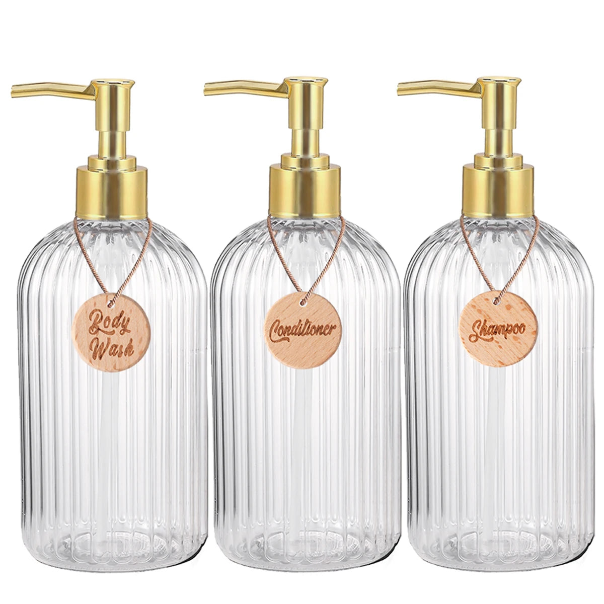 Set of 3 Refillable Shampoo and Conditioner Bottles, 16.9oz/500ml Elegant Guest Room Decoration Shampoo Dispenser with Gold Pump Qme set of three 500ml