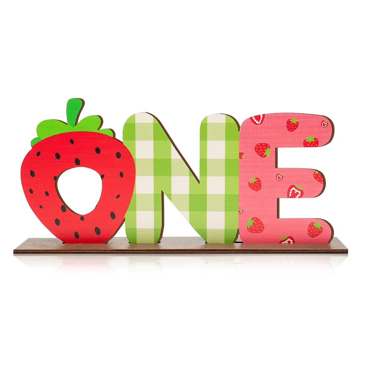 1SET 2D cartoon strawberry green pink grid "ONE" letter wooden desktop decoration, birthday party desktop decoration Qme