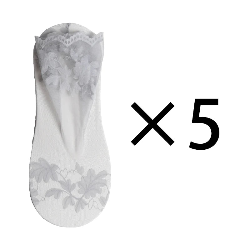 5 Pairs Lot Socks Breathable Elastic Women's Lace Transparent Qme B- 5 pairs