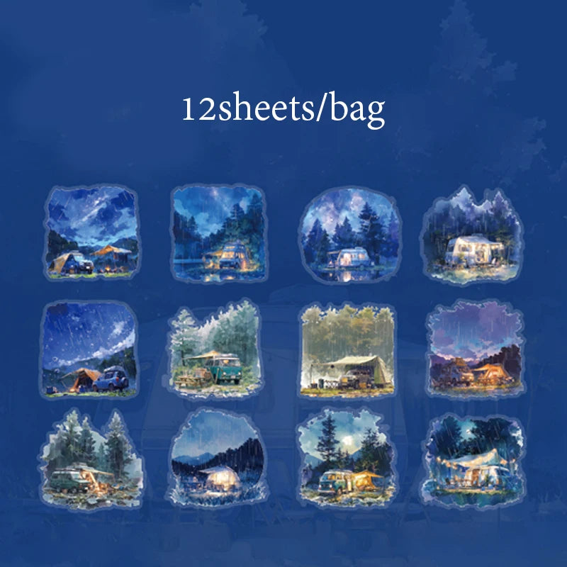 12 Sheets Rainy Walk PET Stickers for Scrapbooking Planner Journal Phone Case DIY Decoration Office School Stationery Gift Qme 1