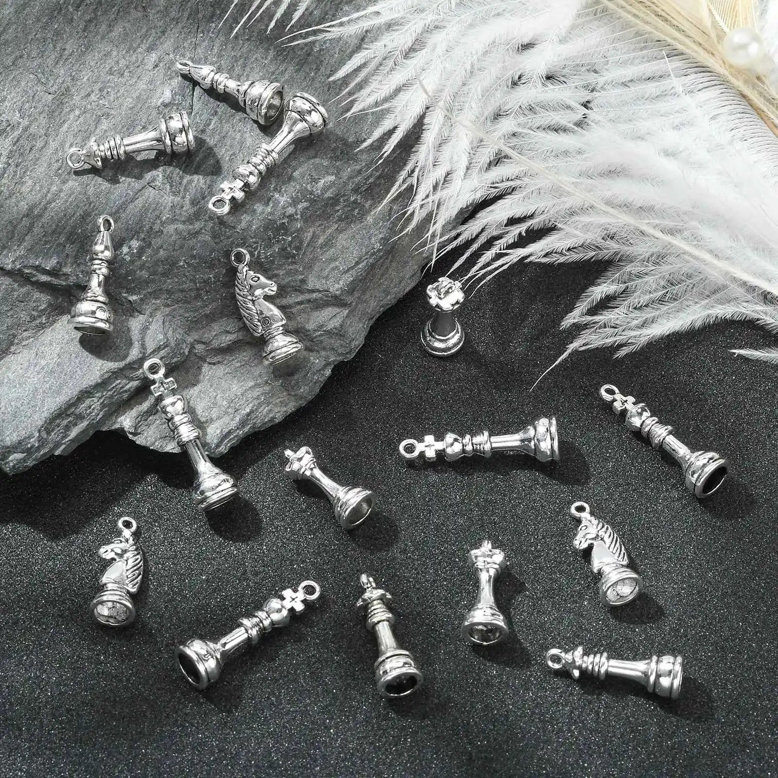 Pandahall 60Pcs 6 Styles Tibetan Chess Piece Charms 3D Internatiional Chess Piece Charms for Jewelry Making DIY Crafting Qme