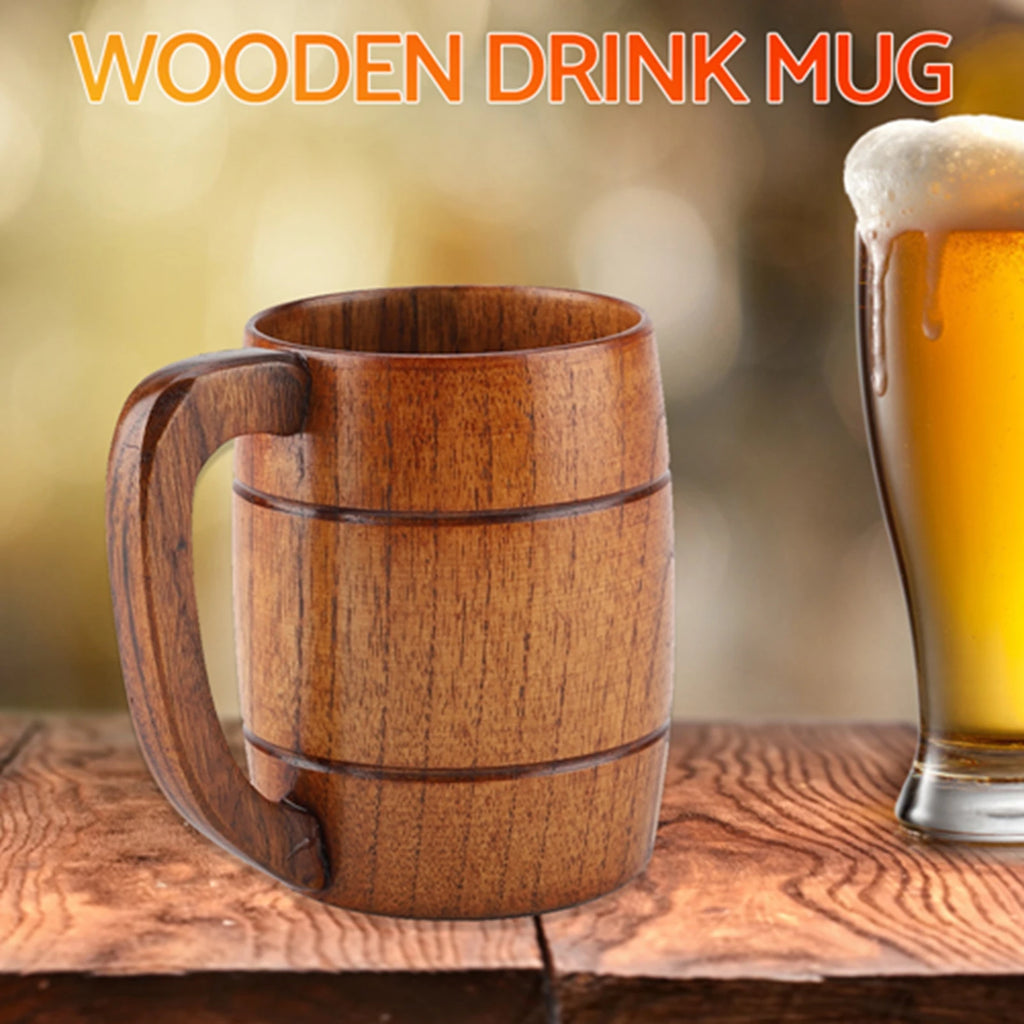 Natural Wooden Beer Cup with Handle Retro 300-400ml Capacity Wood Drinking Mug for Beer Tea Water Home Bar Kitchen Qme