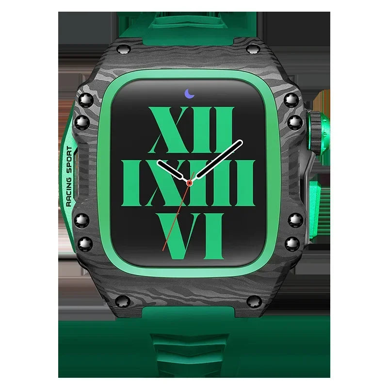 Modified Carbon Fiber Protective waterproof Case with Band strap Black metal bezel for iWatch Apple Watch series 7 8 9 44mm 45mm Qme Green 44mm-Series 6 5 4 SE