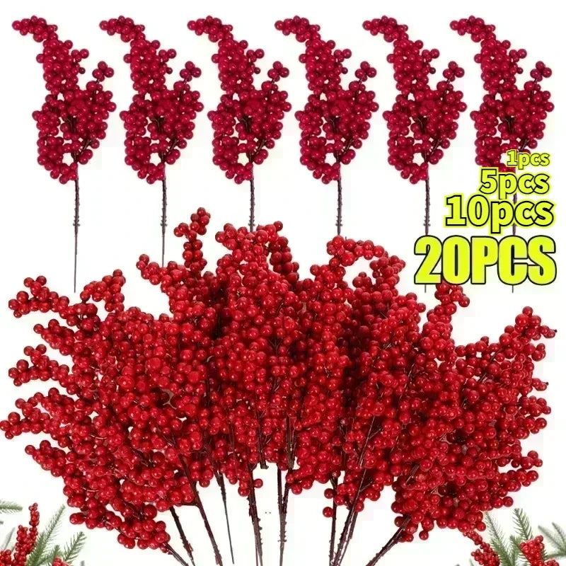 Artificial Berries Christmas Decoration Red Berry Branches for Xmas Tree Party Home Table Ornaments Red Fruit Wreath DIY Gift Qme