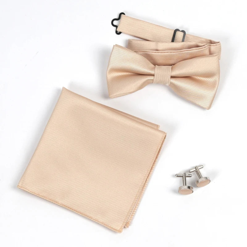 Men's Solid Bow Tie Sets Including Exquisite Cufflinks Soft Qme Champagne