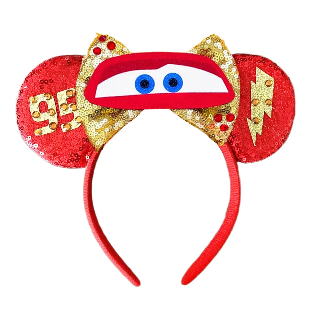 Anime Cars Hair Accessories Pixar 95 Lightning McQueen Mickey Mouse Ear Headband for Girls Kids Women Sequin Bow Hairband Qme
