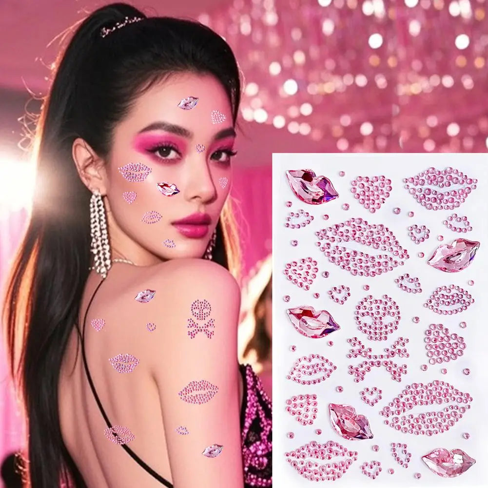 Red Heart Lips Rhinestone Tattoos Self-adhesive Glitter Face Body Qme