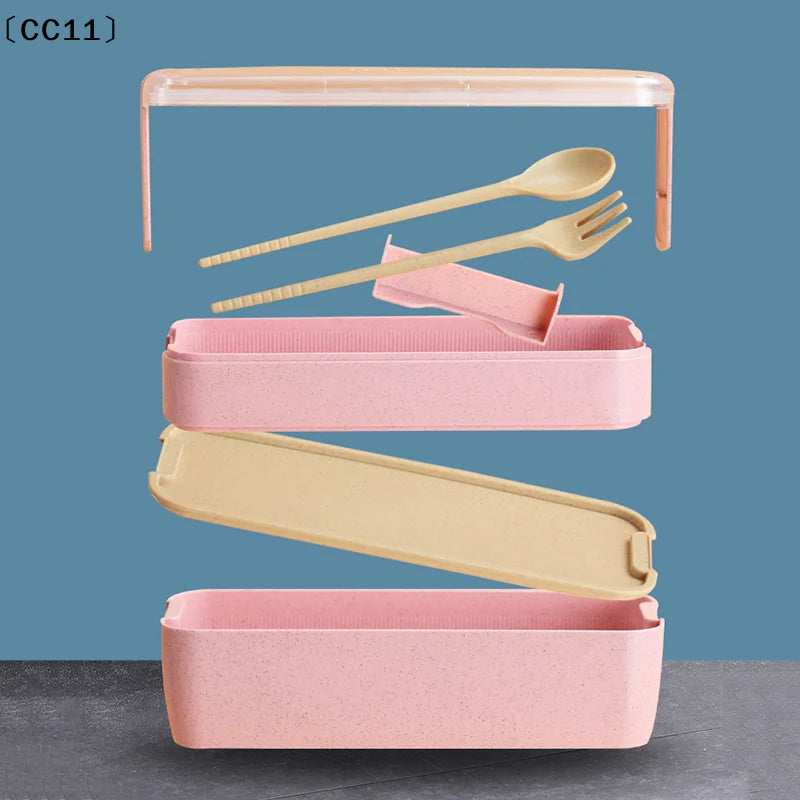 Double-layer Wheat Straw Lunch Box Fork Spoon Microwave Safe Portable Qme