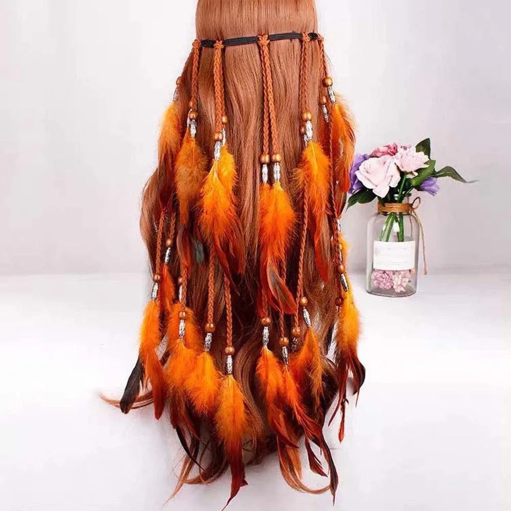 Synthetic Braided Cord Boho Feather Headpiece Vibrant Orange Plumage Adjustable Slide Bead Tribal Hair Extension Secure Fit Band Qme Orange