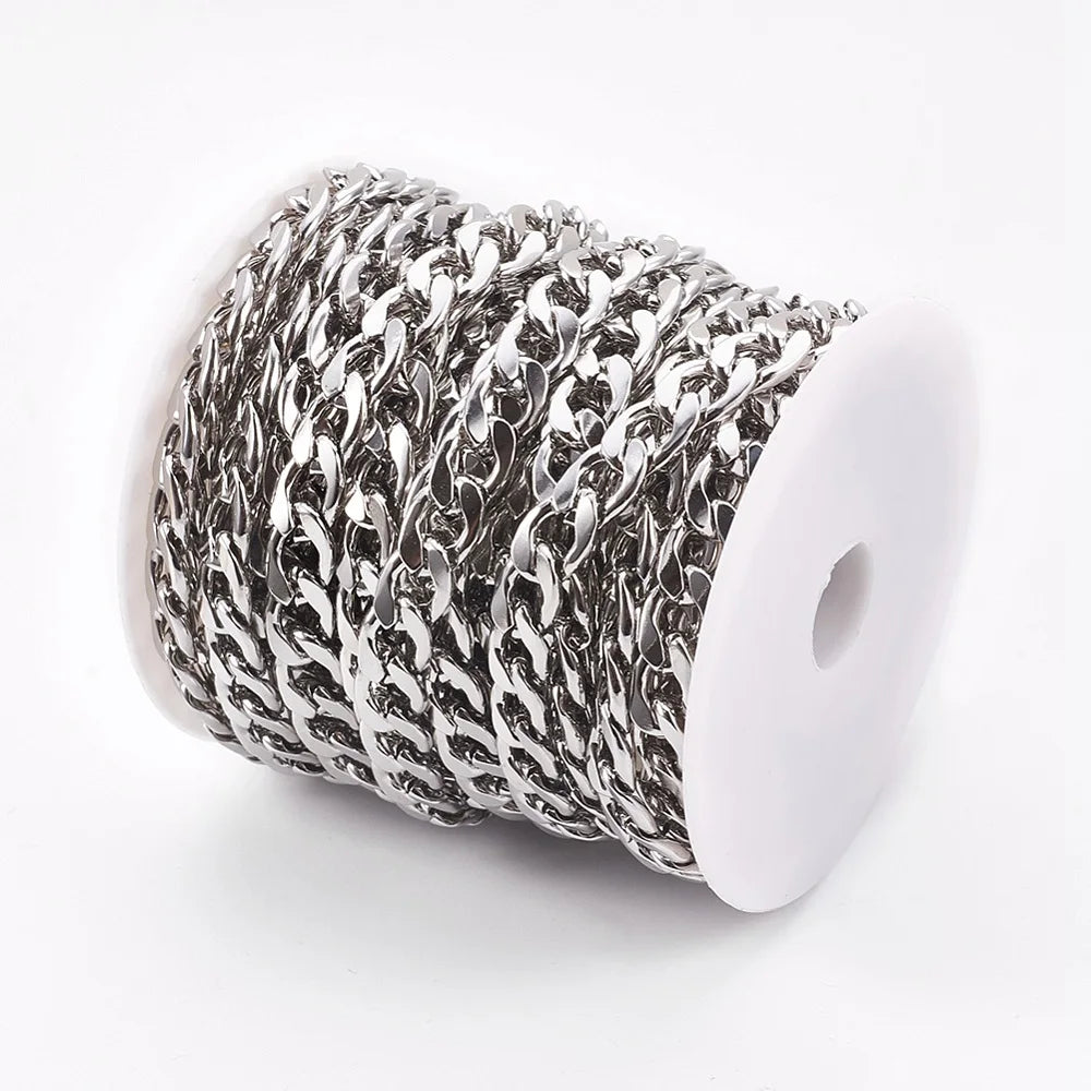 PandaHall 10m Tarnish Resistant 304 Stainless Steel Cuban Chain Roll for Professional Jewelry Making, Chunky Unwelded Link Qme