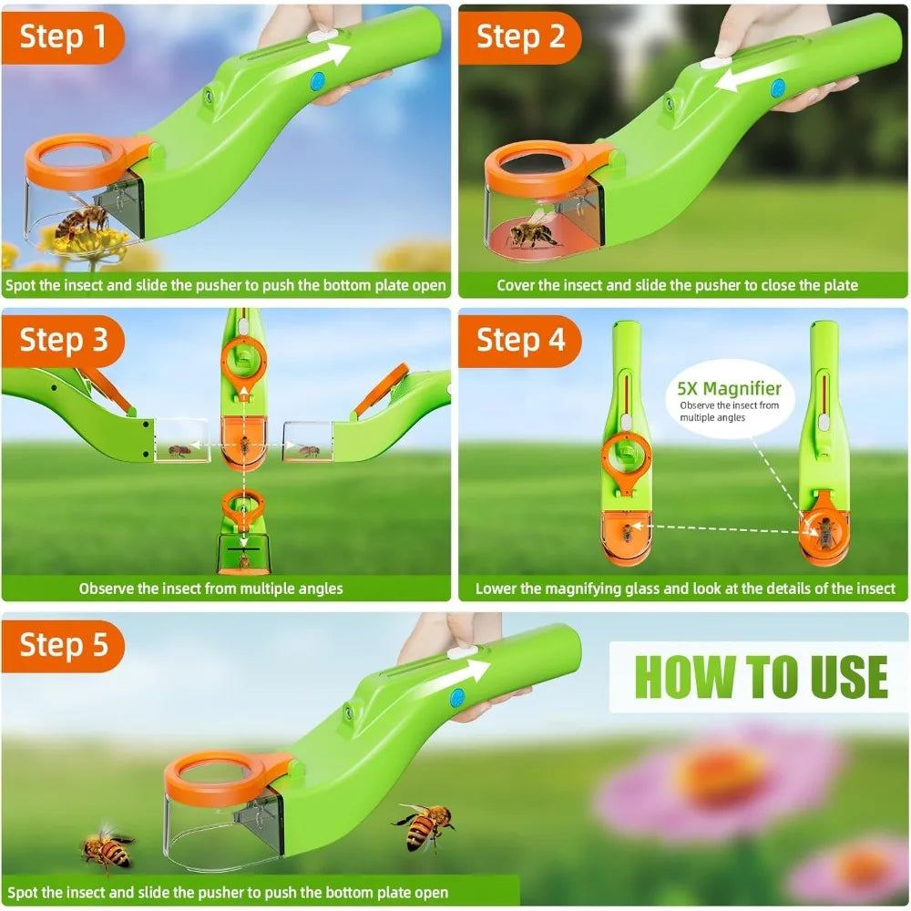 BugView 5X Magnifying Quick-Release Bug Catcher with LED Lights Insect Catcher Indoor & Outdoor STEM Toys Tool for Kids Adults Qme