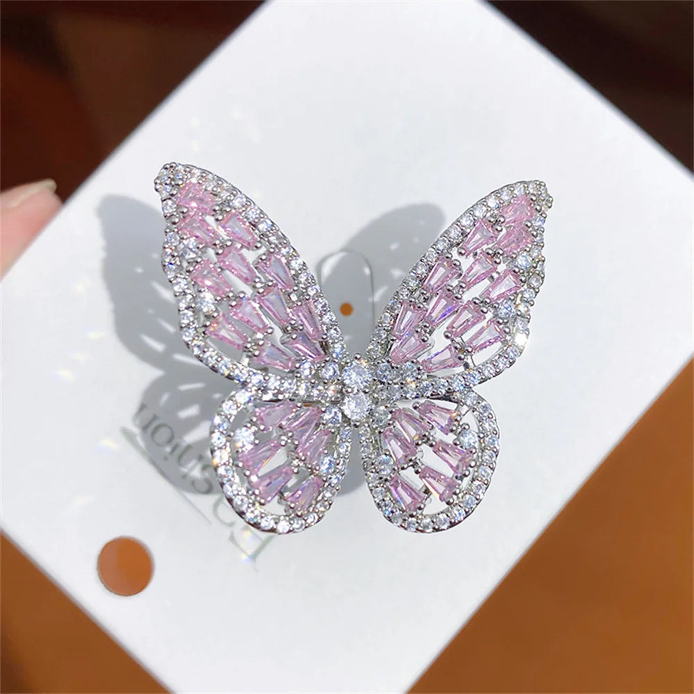 Personalized Colorful Butterfly Zircon Large Ring Adjustable Cute Luxury Shining Butterfly Ring Banquet Jewelry Qme baifen
