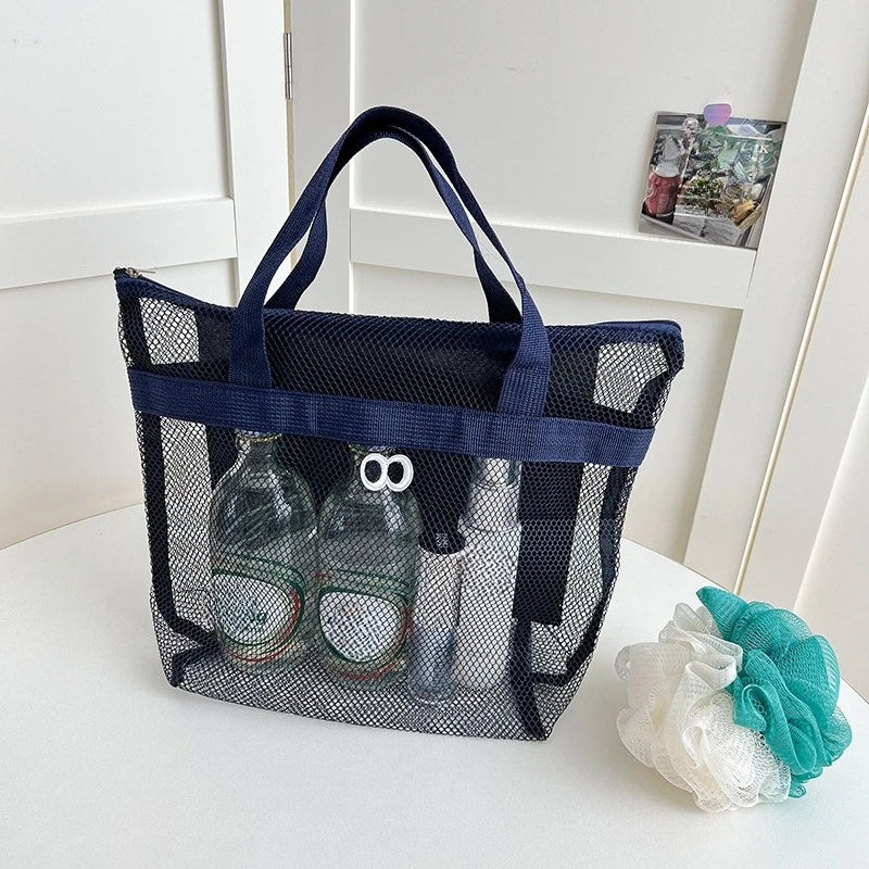 Portable Mesh Storage Bag for Seaside Vacation Swimming Fitness Toiletries Organizer Qme navy blue 1pcs