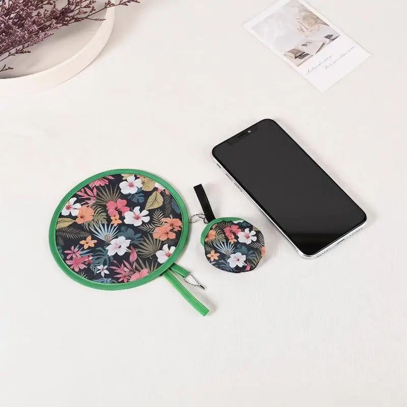 Mini Japanese Folding Fan Flower Pattern Pocket Collapsible Round Qme