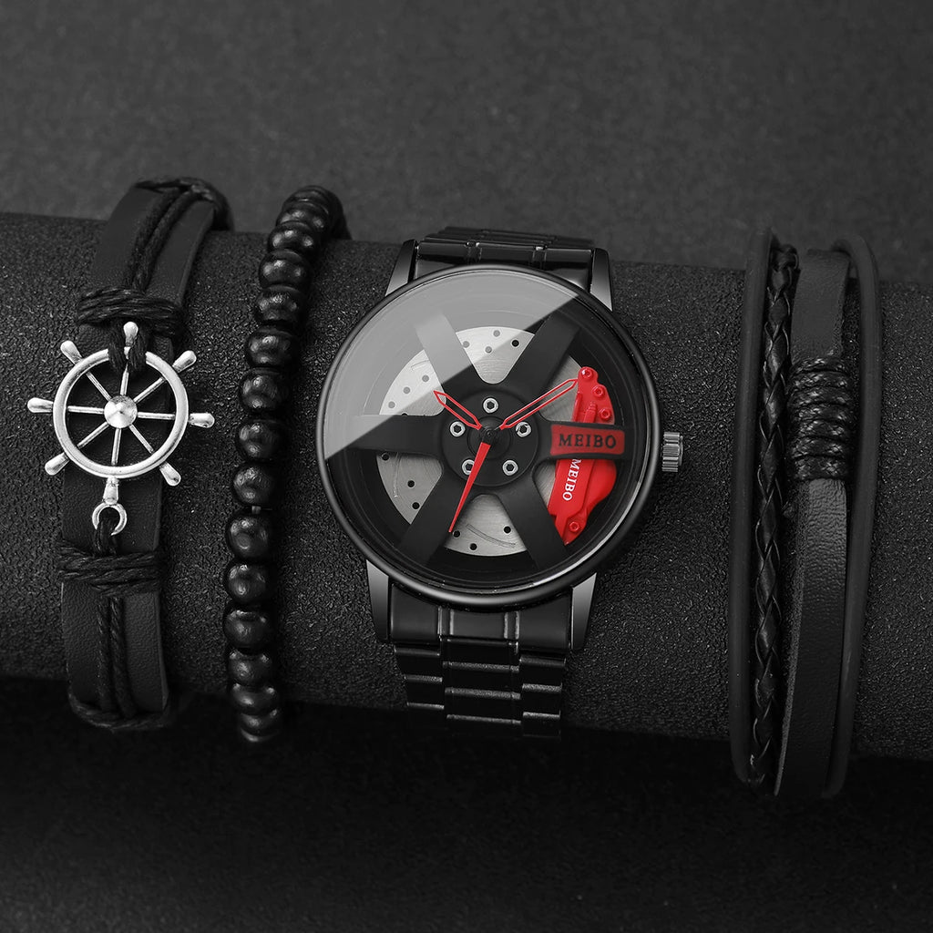 4pcs/set luxury men's watches fashion 3d wheel car male sports watch stainless steel quartz watch for men's bracelets Qme