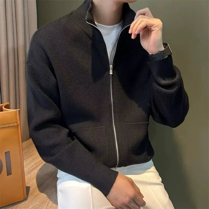 Men's Versatile Solid Zip-up Cardigan Slim Fit Stand Collar Sweater Qme