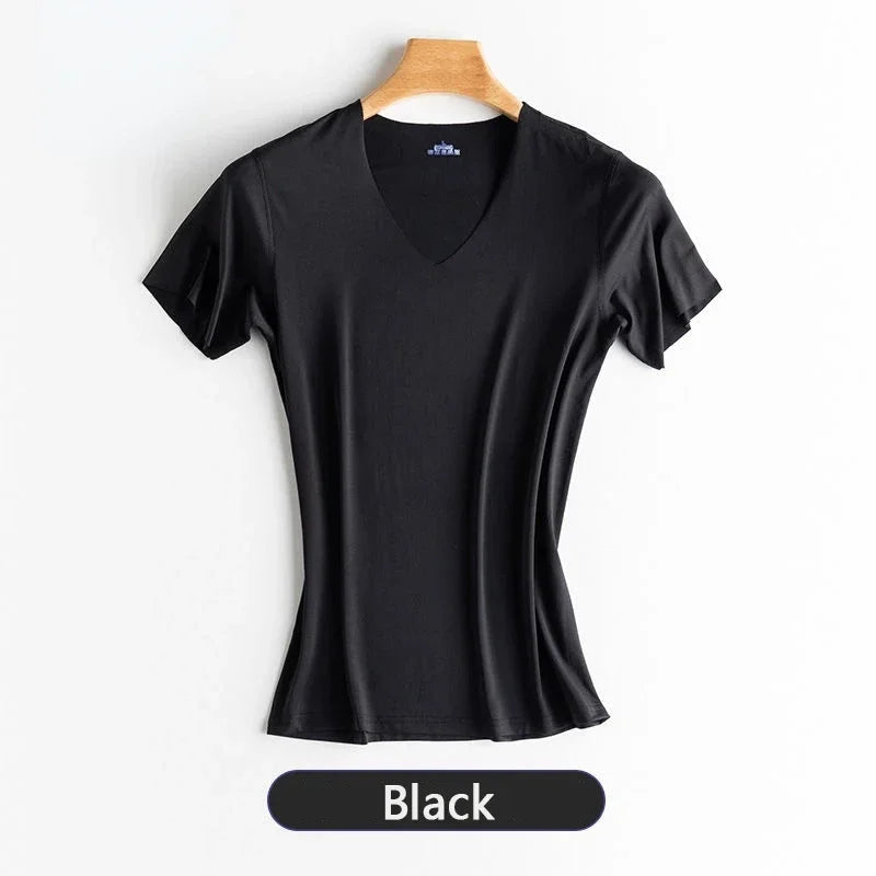Men's Ice Silk Thin Cool Feeling V-Neck Large Size Men T-Shirt Short Sleeve Loose T-Shirt Solid Color for Male Tops Tees Qme Bk 4XL