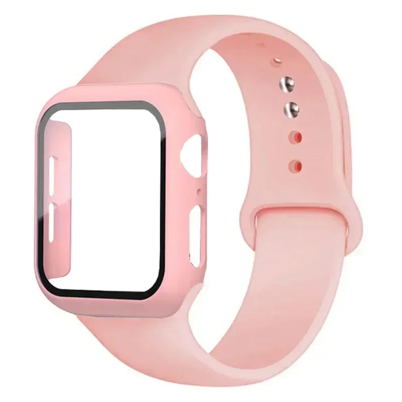 Glass+Case+Strap for Apple Watch Band 45mm 44mm 41mm 40mm 38mm 42mm Screen Protectors for Apple IWatch Series 9 8 7 6 SE 5 3 4 Qme Light-light-pink 40mm