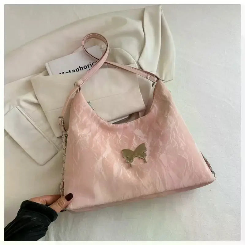 Women Fashion Shoulder Crossbody Dual-use Bag Silver Butterfly Decor Large Capacity For Daily Commute Shopping Travel Qme