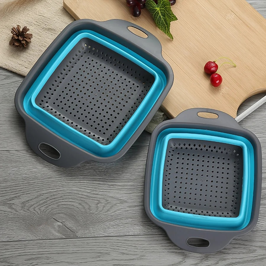 2 sets of silicone strainer kits, foldable kitchen filter, multi-functional plastic drain, with handle, food-safe vegetable Qme Blue