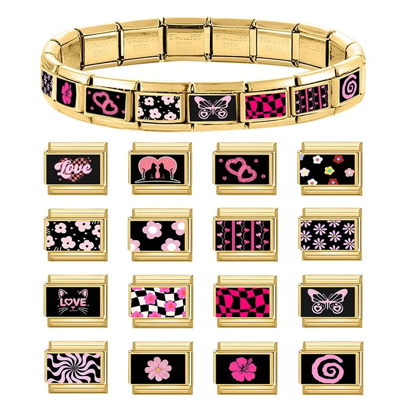 Drop Shipping Y2K Love Heart Eyes Lips Cats Flowers Golden Italian Charm Fit 9mm Stainless Steel Bracelet Wholesale Jewelry Gift Qme