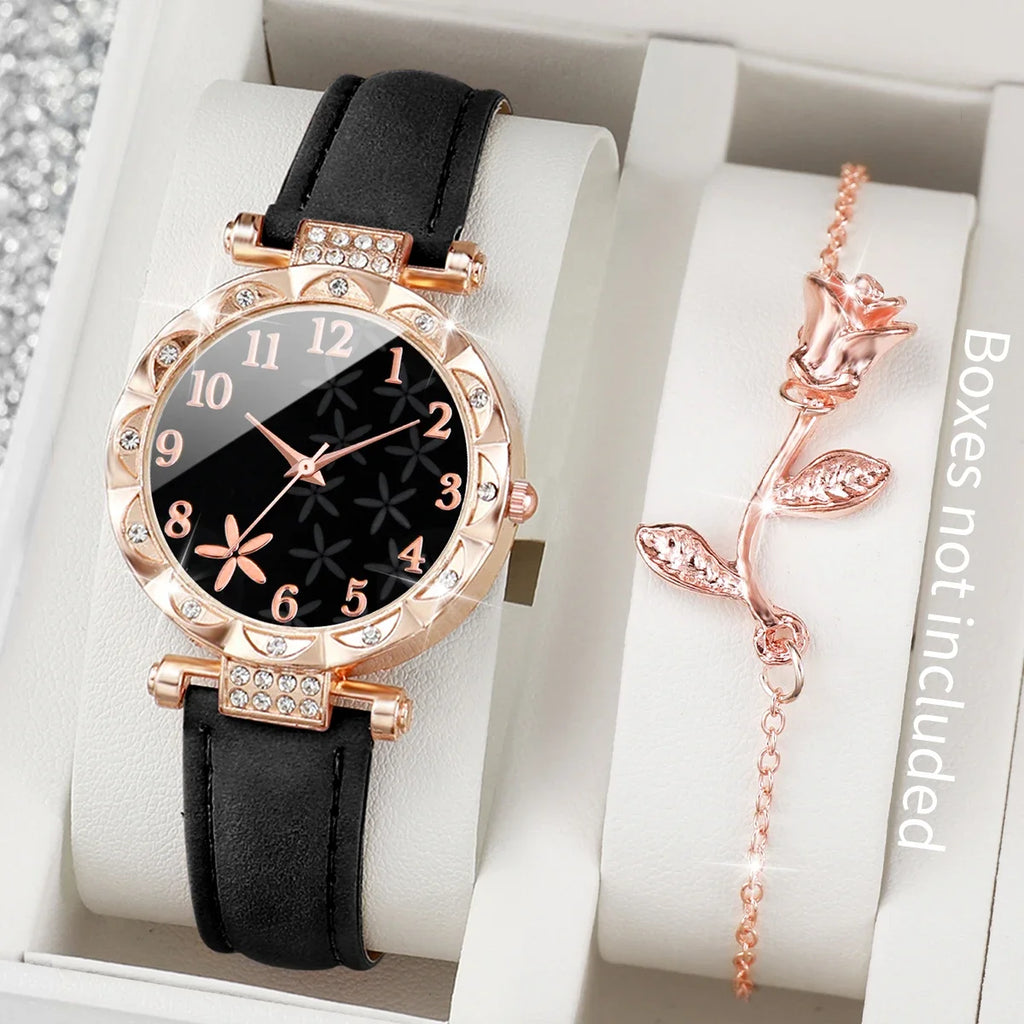 2 Pçs/set Moda Flor Dial Relógio Feminino Pulseira de Couro Analógico Relógios de Quartzo Rosa BraceletSet (Sem Caixa) Qme black