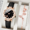 2 Pçs/set Moda Flor Dial Relógio Feminino Pulseira de Couro Analógico Relógios de Quartzo Rosa BraceletSet (Sem Caixa) Qme black