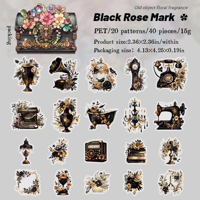 40 pcs Vintage Transparent PET Stickers pack INS Flowers Old items Decorative Scrapbooking material Diy junk journal supplies Qme A