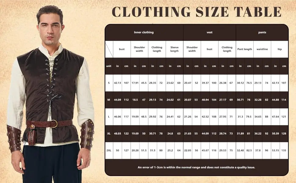7PCS Mens Renaissance Costume Medieval Viking Outfit Pirate Shirt Pant Tunic Vest Belt Accessories for Halloween Qme
