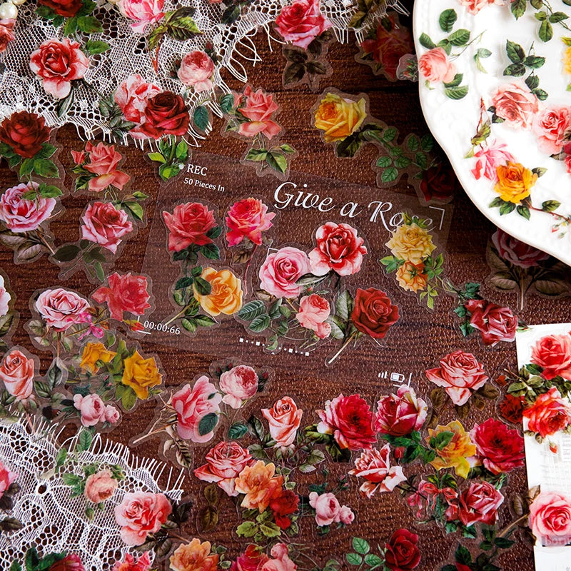 100pcs Flowers Sticker pack Rose Tulip Daisy Transparent Waterproof Plant hand account Decoration Scrapbooking Material Qme