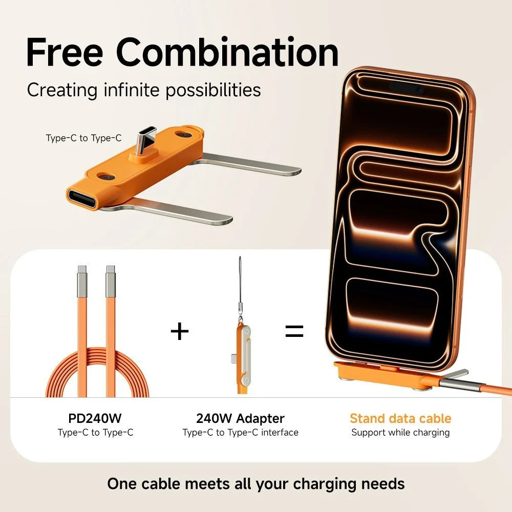 2-in-1 PD 240W Bracket Kit USB C Fast Charging Foldable Bracket Data Cable Type-C to Type-C Data Cable with Folding Phone Stand Qme