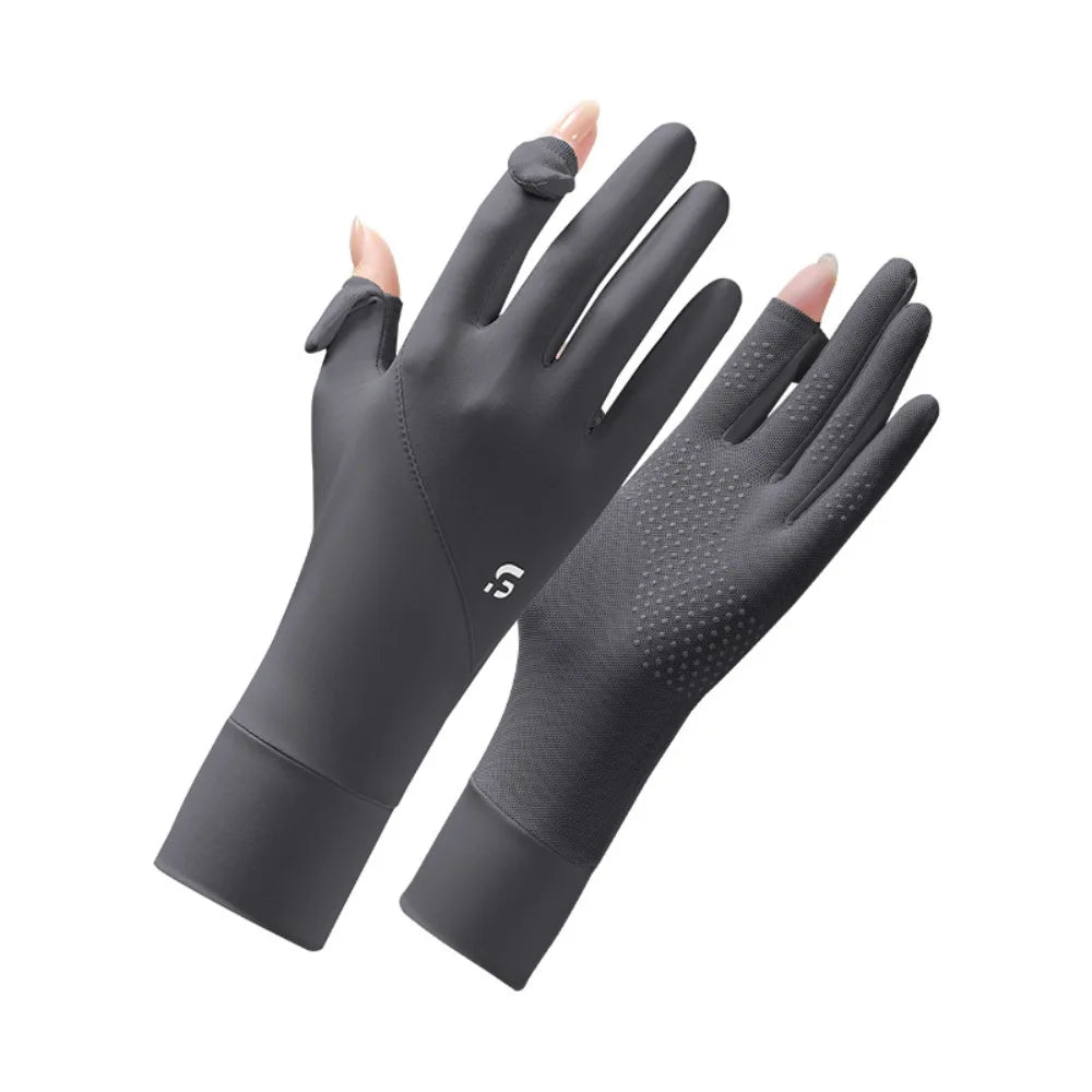 Ice Silk Women Sunscreen Gloves Thin Elastic Touch Screen Ice Silk Gloves Exposed Finger Breathable Cycling Driving Gloves Qme Dark Grey