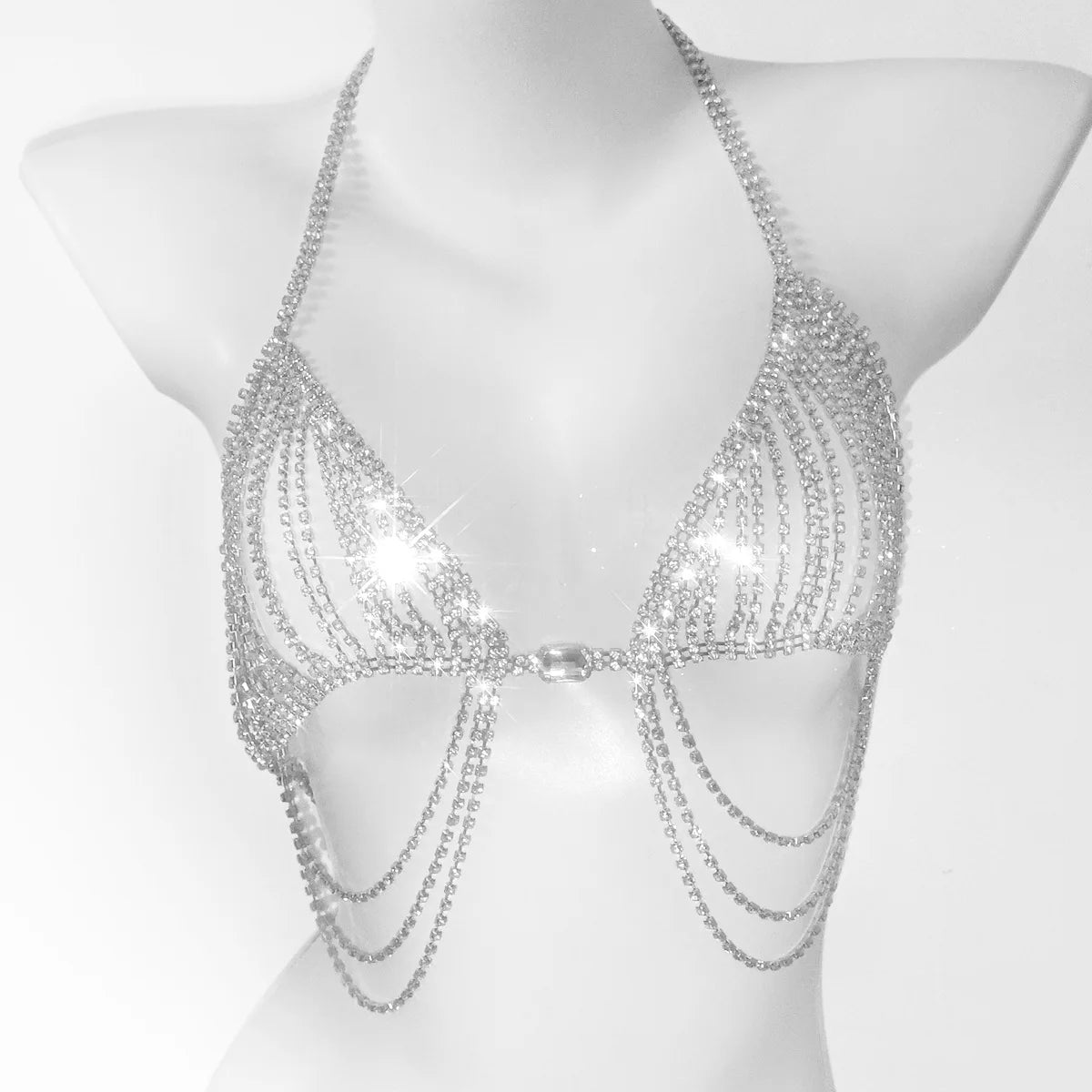 Flash Diamond Breast Chain Rhinestone Tassel Sexy Bikini Body Qme SILVER
