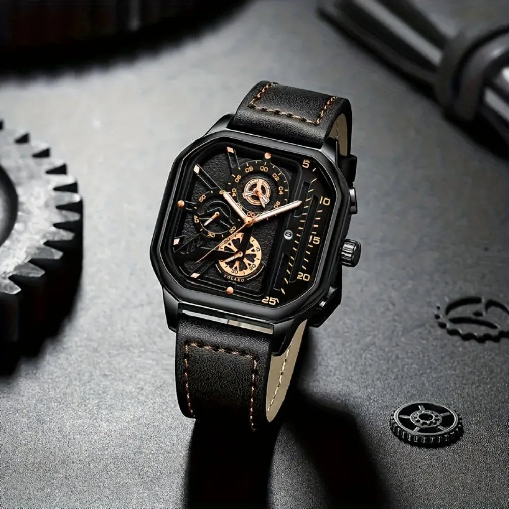Luxury Square Case Men Chronograph Wristwatch, Multi-Subdial Hollow Dial Black Gold Accent Leather Strap Sport Business Quartz Qme