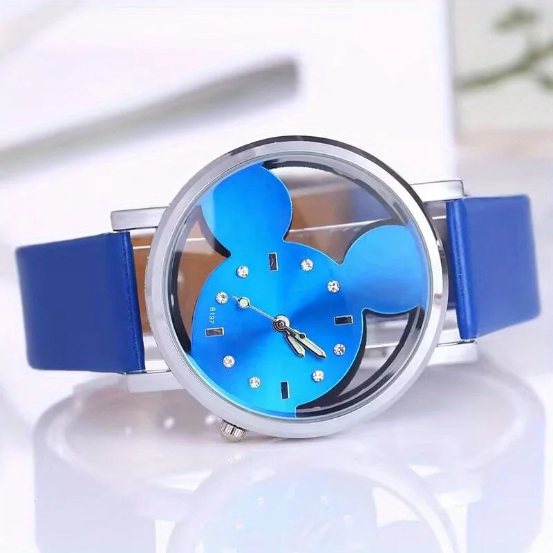 Cute Cartoon Watch Kids Girls Fashionable Simple Quartz Wristwatch PU Qme Blue