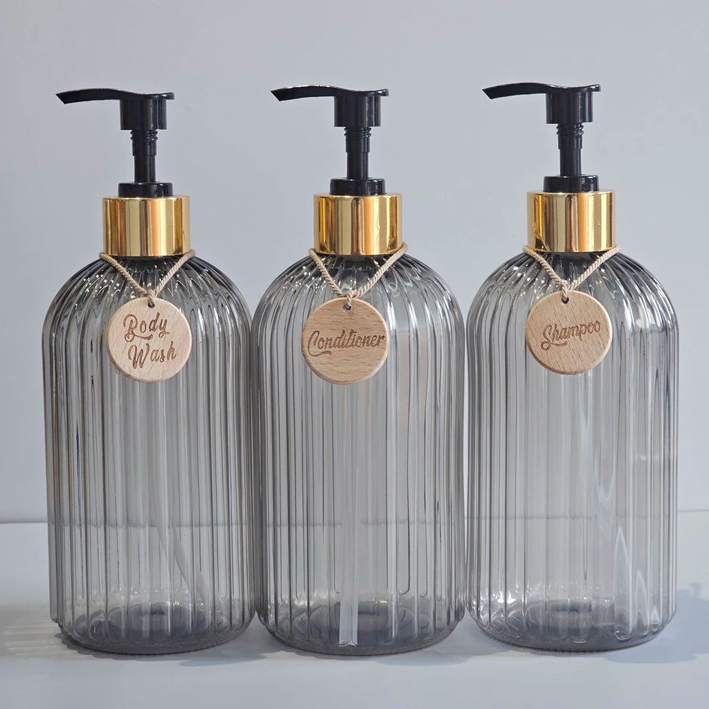 3PCS Elegant Shampoo Conditioner and Body Wash Dispenser Bottle with tags, Ideal for Bathroom Shower Plastic Refillable Bottle Qme Light Grey