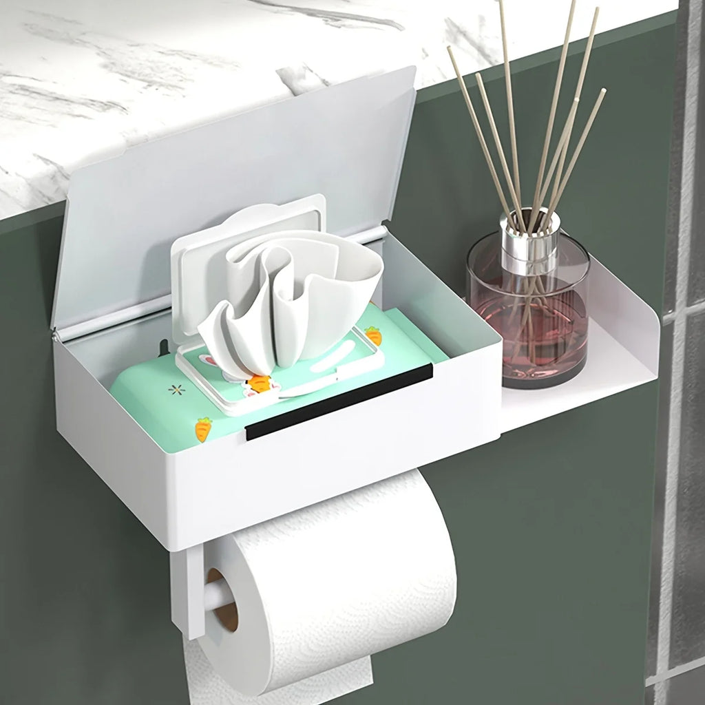 Wall-Mounted Toilet Paper Holder with Smartphone Stand - Modern Bathroom Tissue Dispenser, Essential Bathroom Organizer Qme
