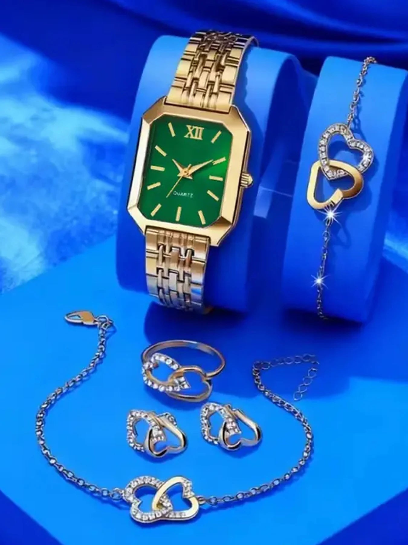 Luxury 5 In 1 Intertwined Heart Crystal Watch Necklace Earrings Ring Bracelet Set Qme Multicolor