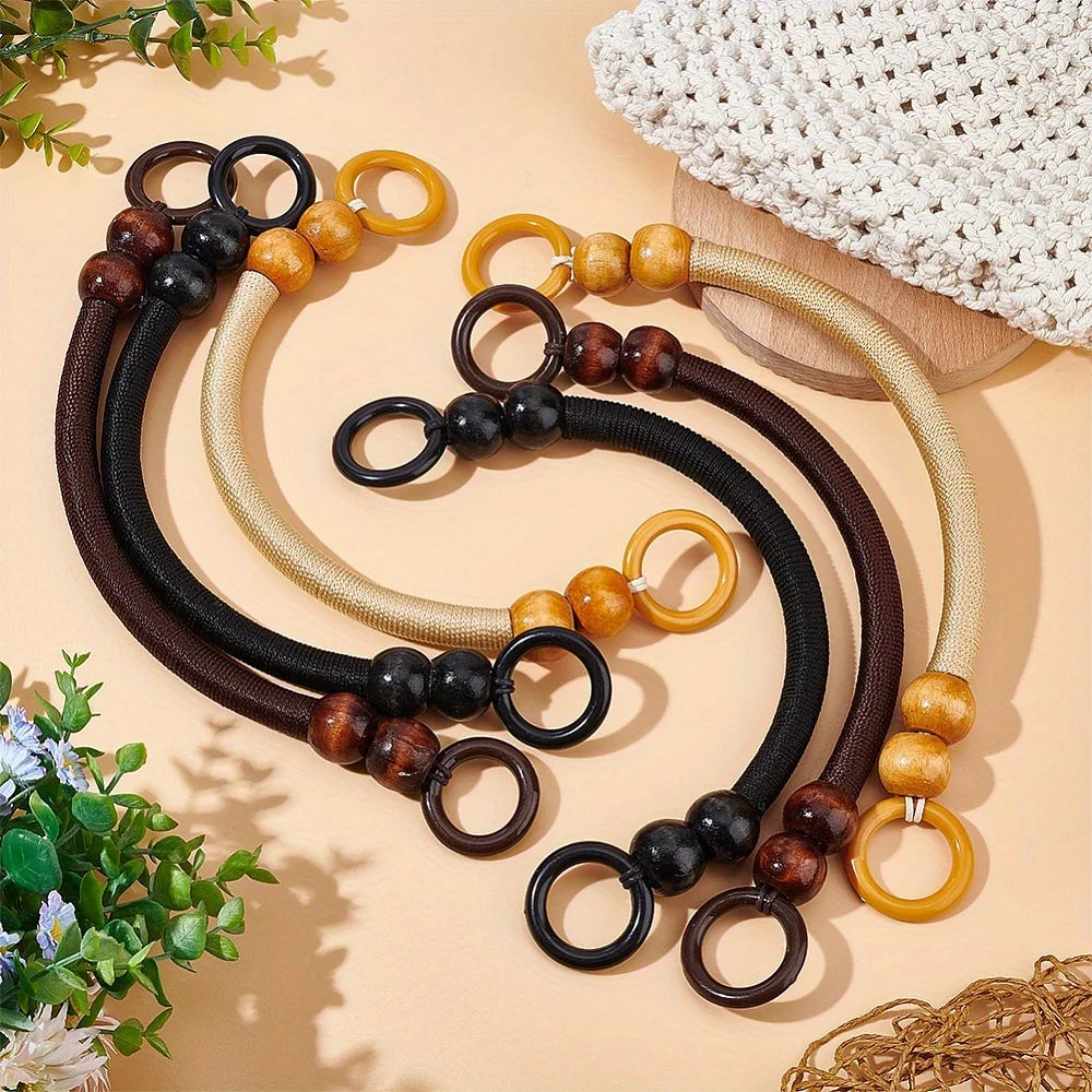 Wooden Bead Bag Handles, Retro Woven Nylon Rope Handbag Straps, Replacement Handles For DIY Crochet & Straw Bags, 3 Colors Qme