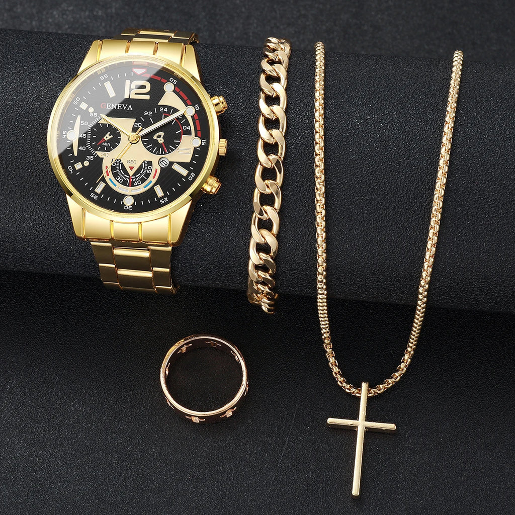 4 Pçs/set Homens Relógios de Negócios Moda Mostrador Árabe Relógio de Quartzo para Homens Relógio Conjunto de Jóias Reloj Hombre Qme
