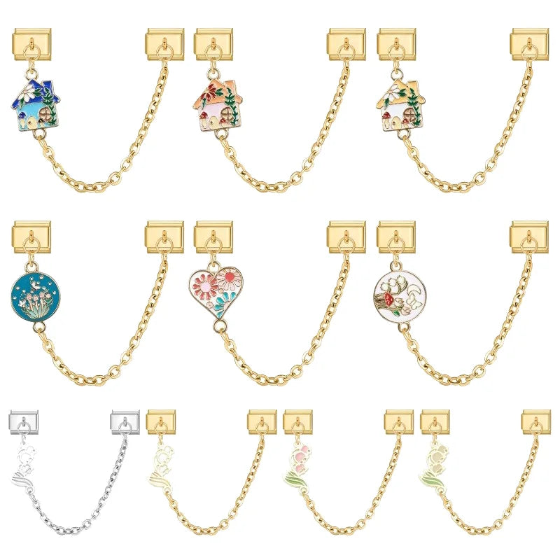 2025 New Heart Flowers Home Golden Women Fashion Chain Italian Charm Link Fit 9mm Bracelet Stainless Steel Making DIY Jewelry Qme